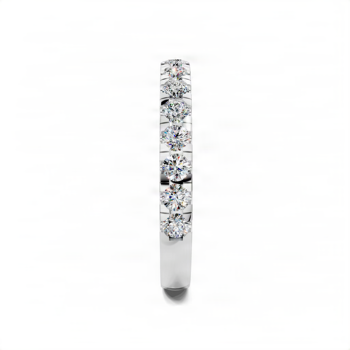 White gold pave band ring with vertically set round diamond look stones