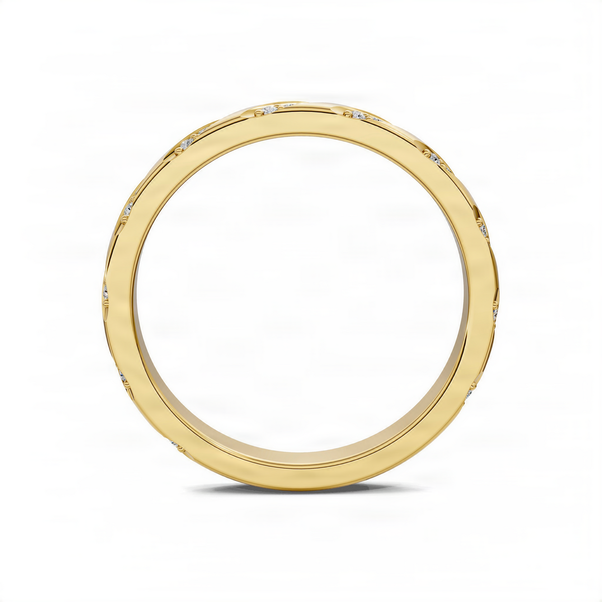 Yellow gold wedding band ring with small embedded stones around the edge