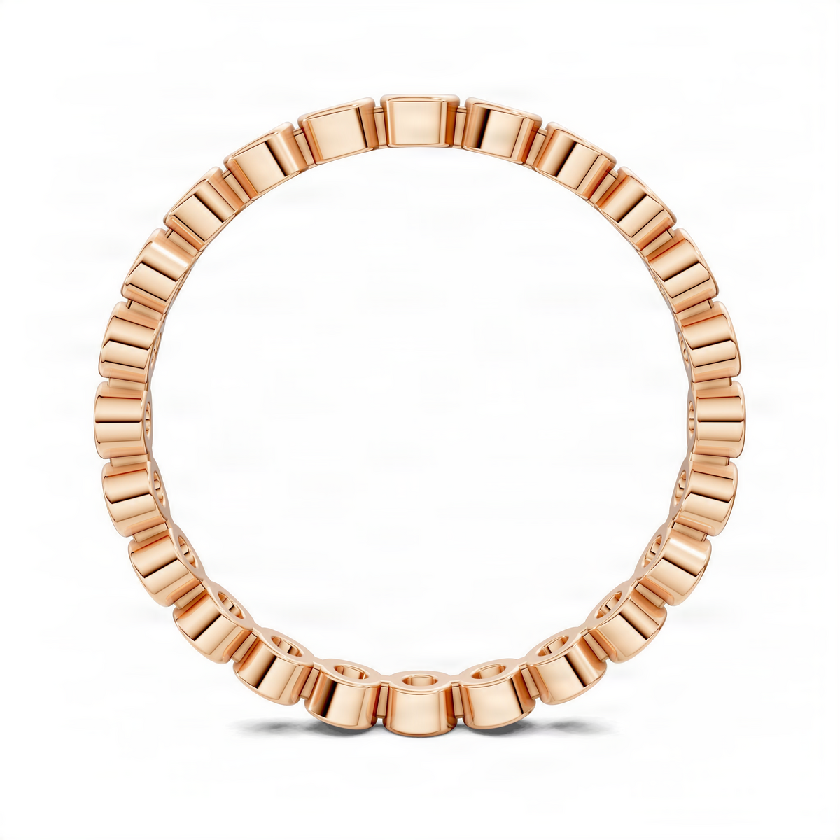 Rose gold round diamond eternity band with bezel-set round stones, full circle view
