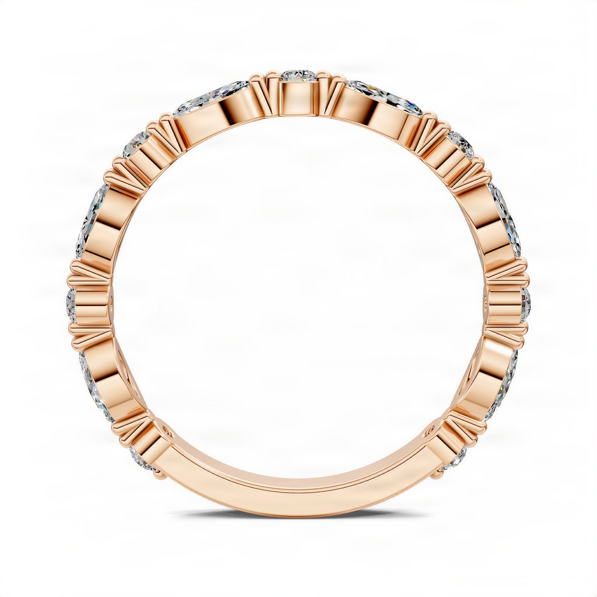 Rose gold round diamond band with alternating marquise side settings, close-up