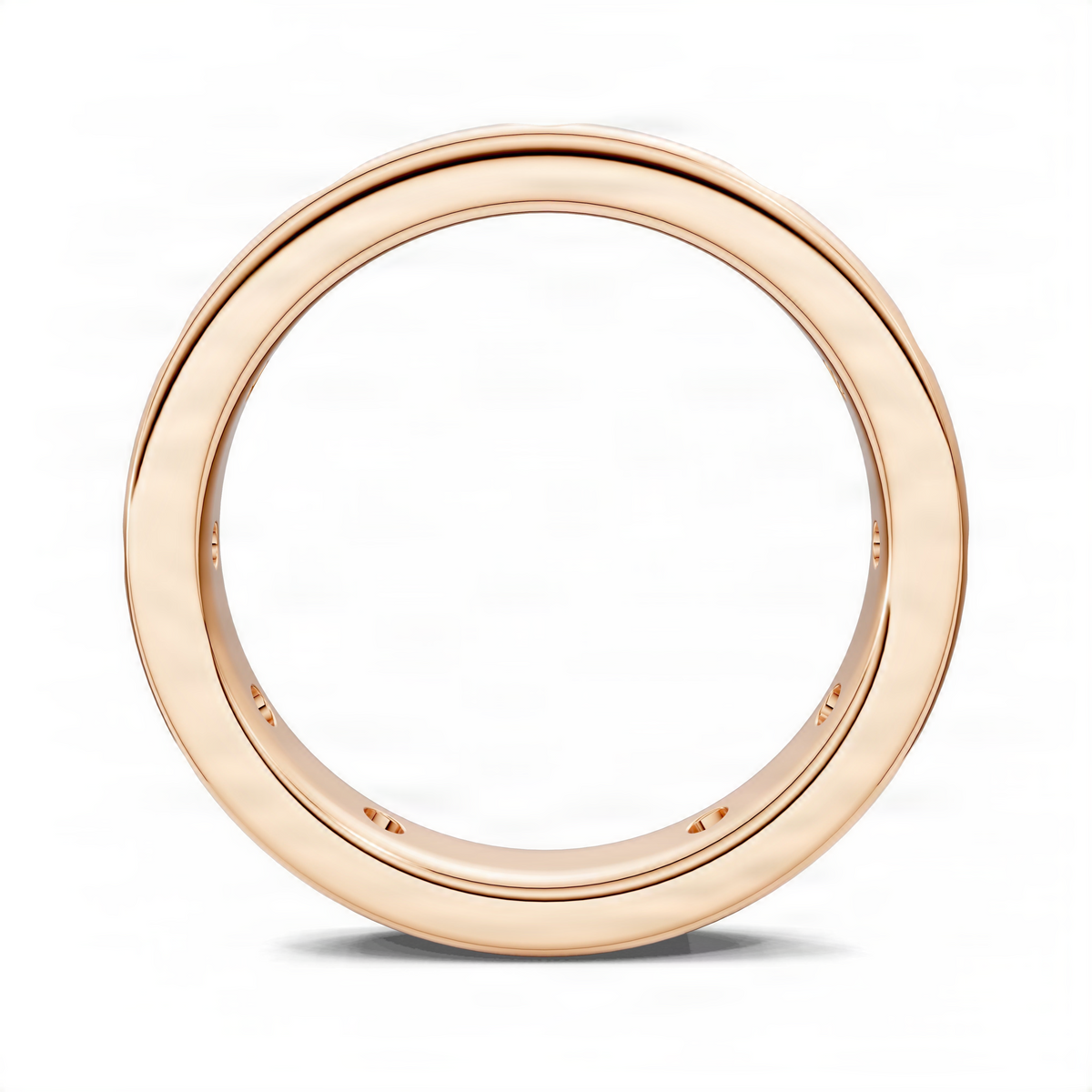 Rose gold flush-set eternity band, open side view showing smooth bezel setting details