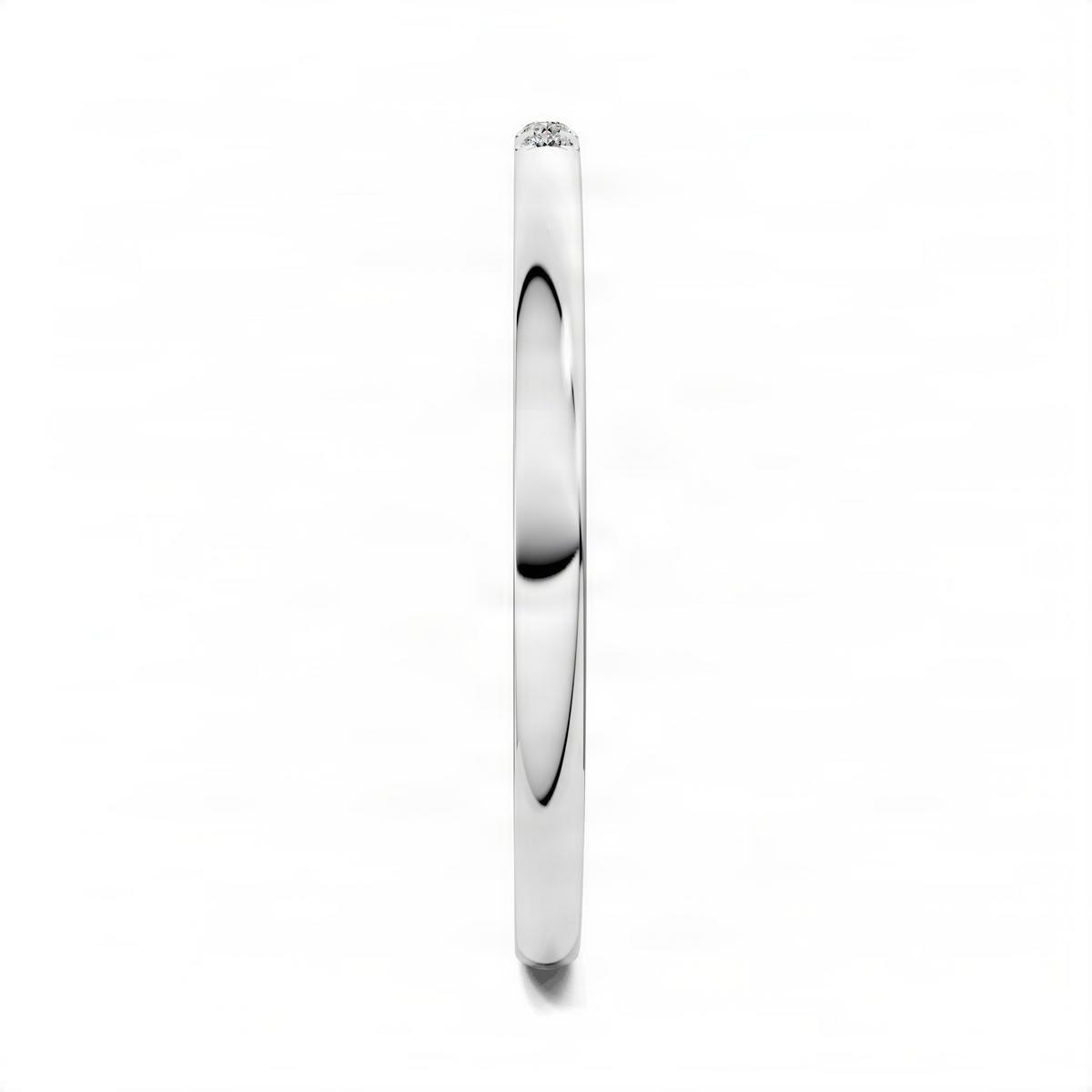 White gold diamond band ring profile with small round stones set along the top.