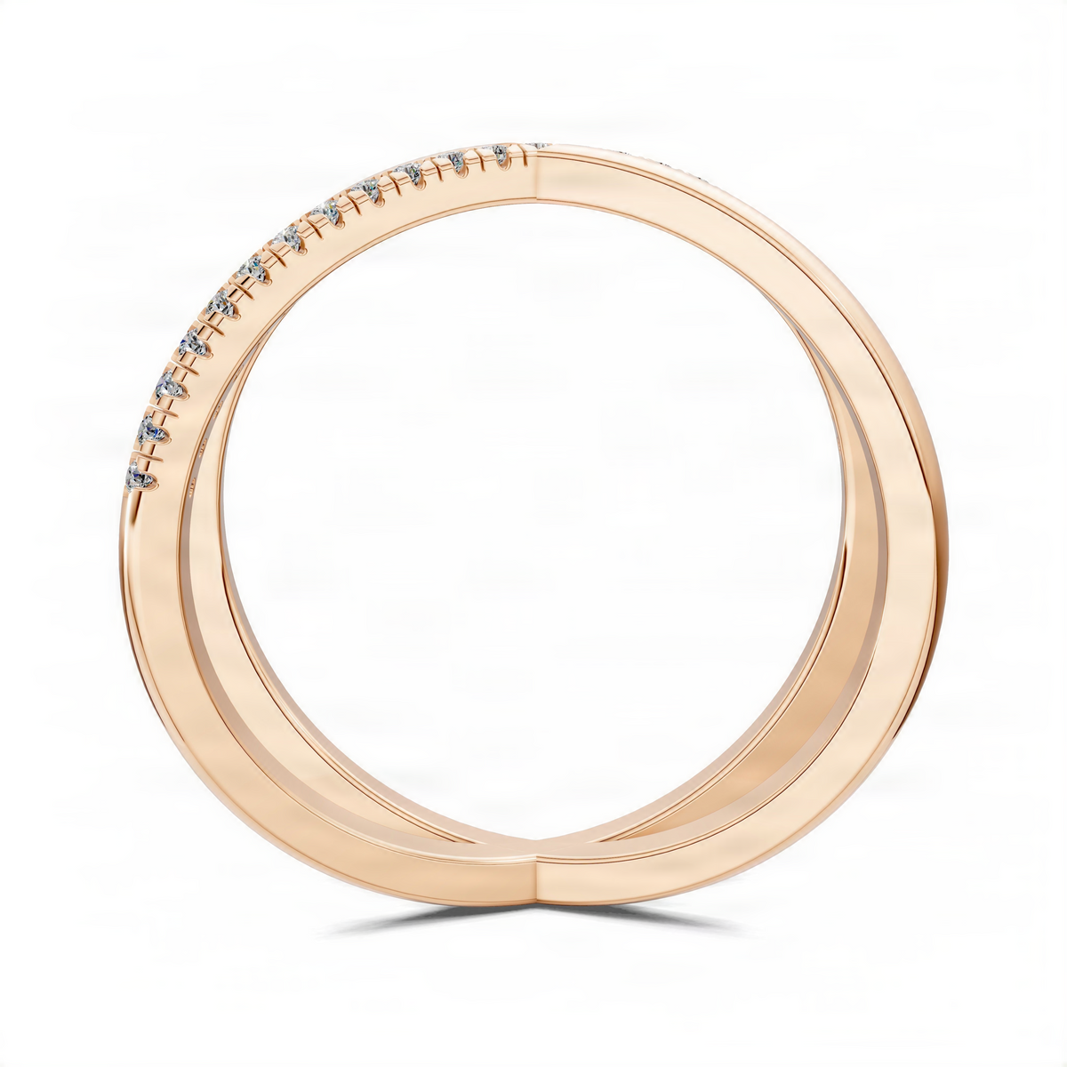 Pavé diamond X band in yellow gold, front view