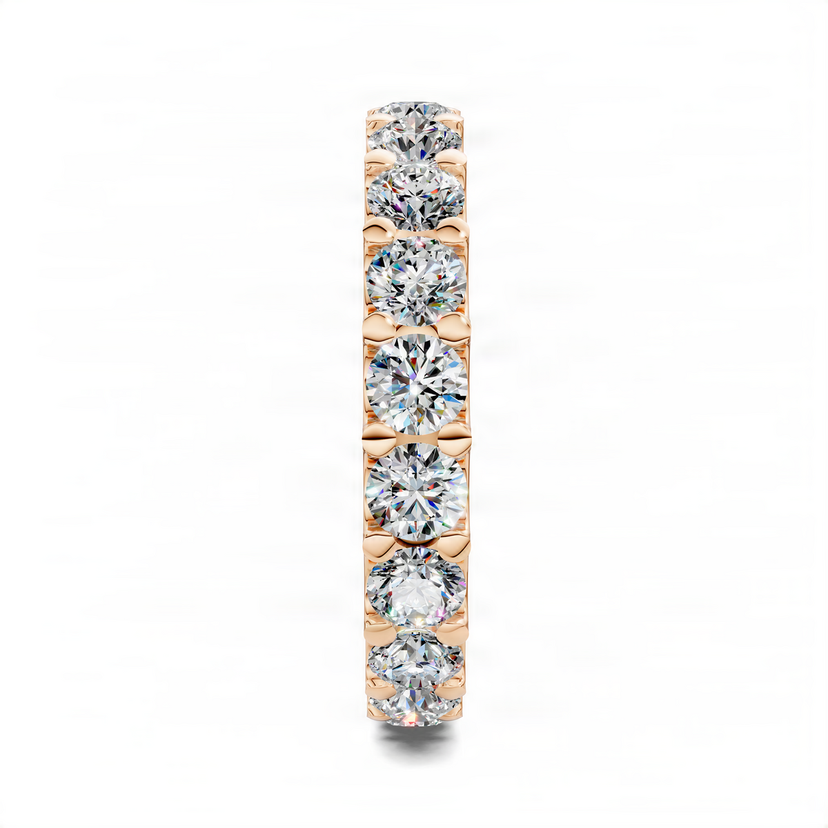 Rose gold eternity band side view with prong-set round sparkling stones