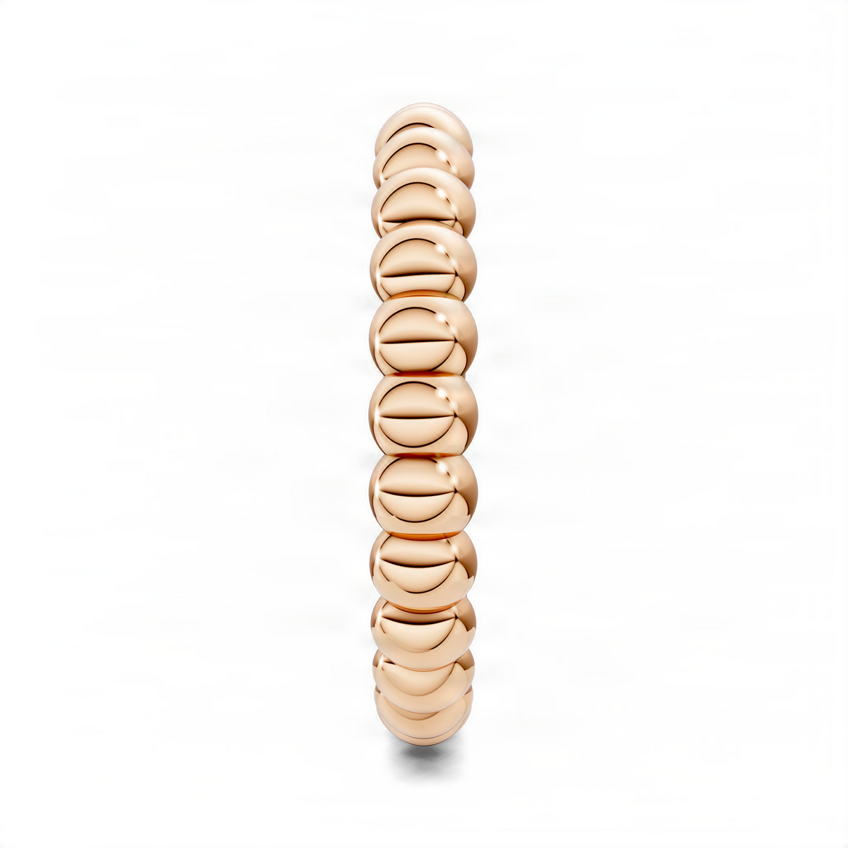 Beaded band ring vertical view with rose gold tone round bead links, polished stacked design