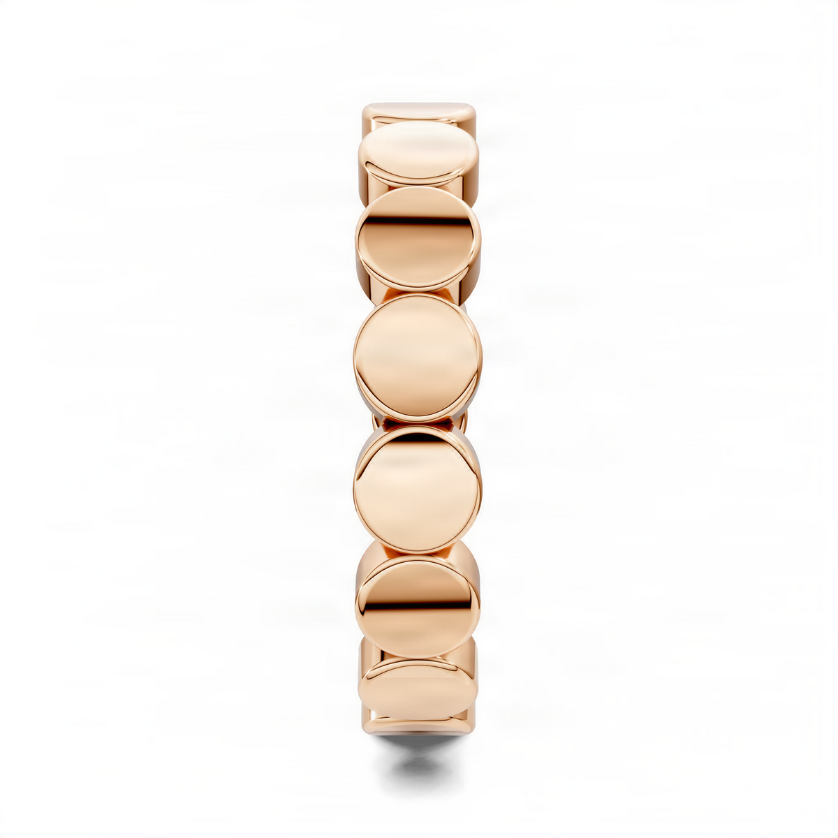 Rose gold beaded flat ring band side view with stacked round link shapes