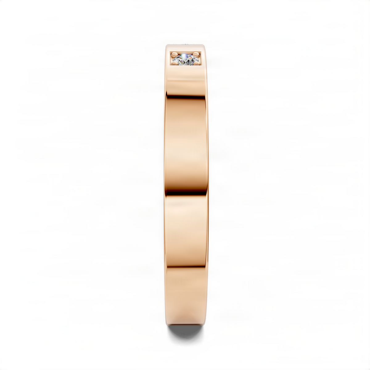 Rose gold bezel-set square stone ring band with three stones on the top edge.