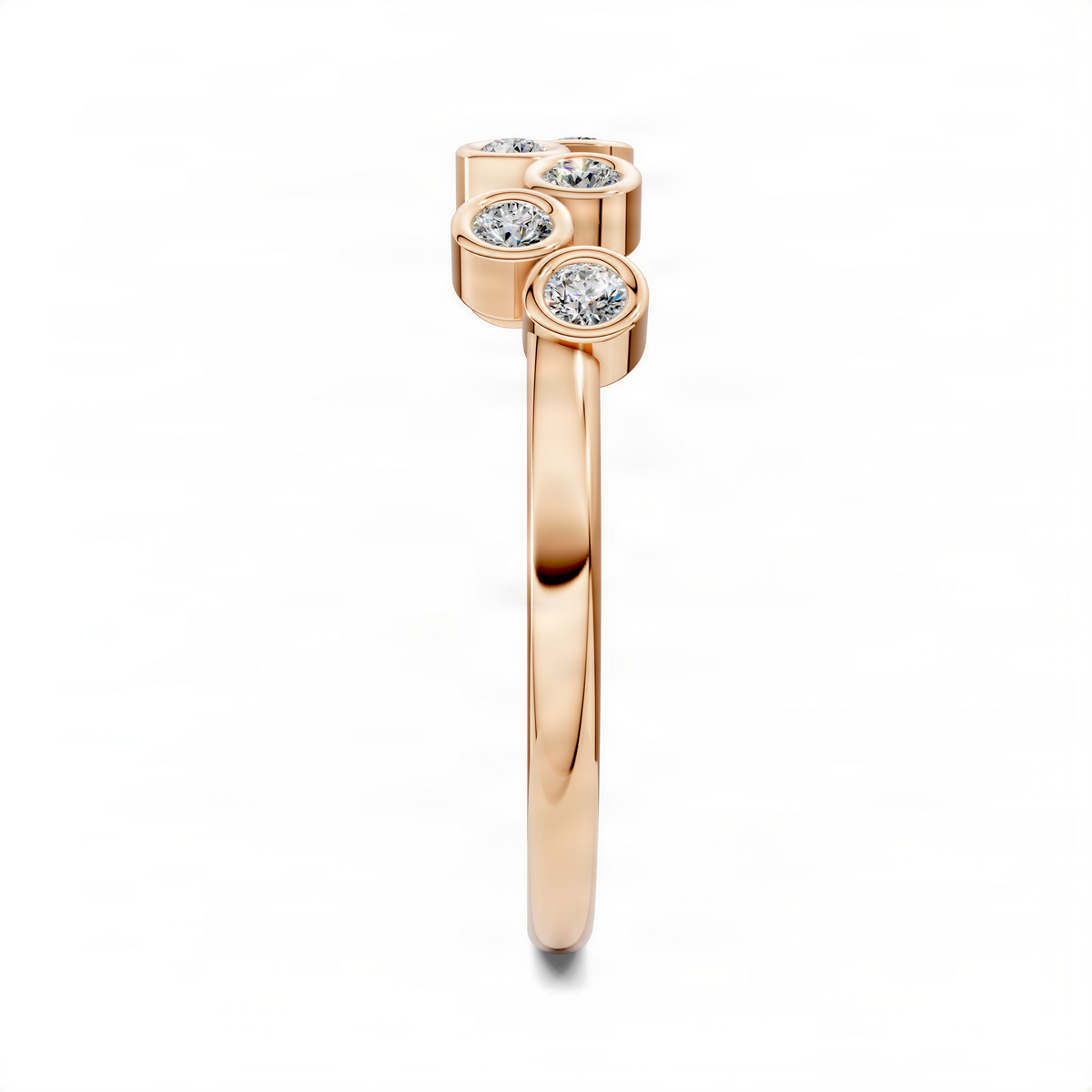 Rose gold bubble ring with three round diamond accents and split shank