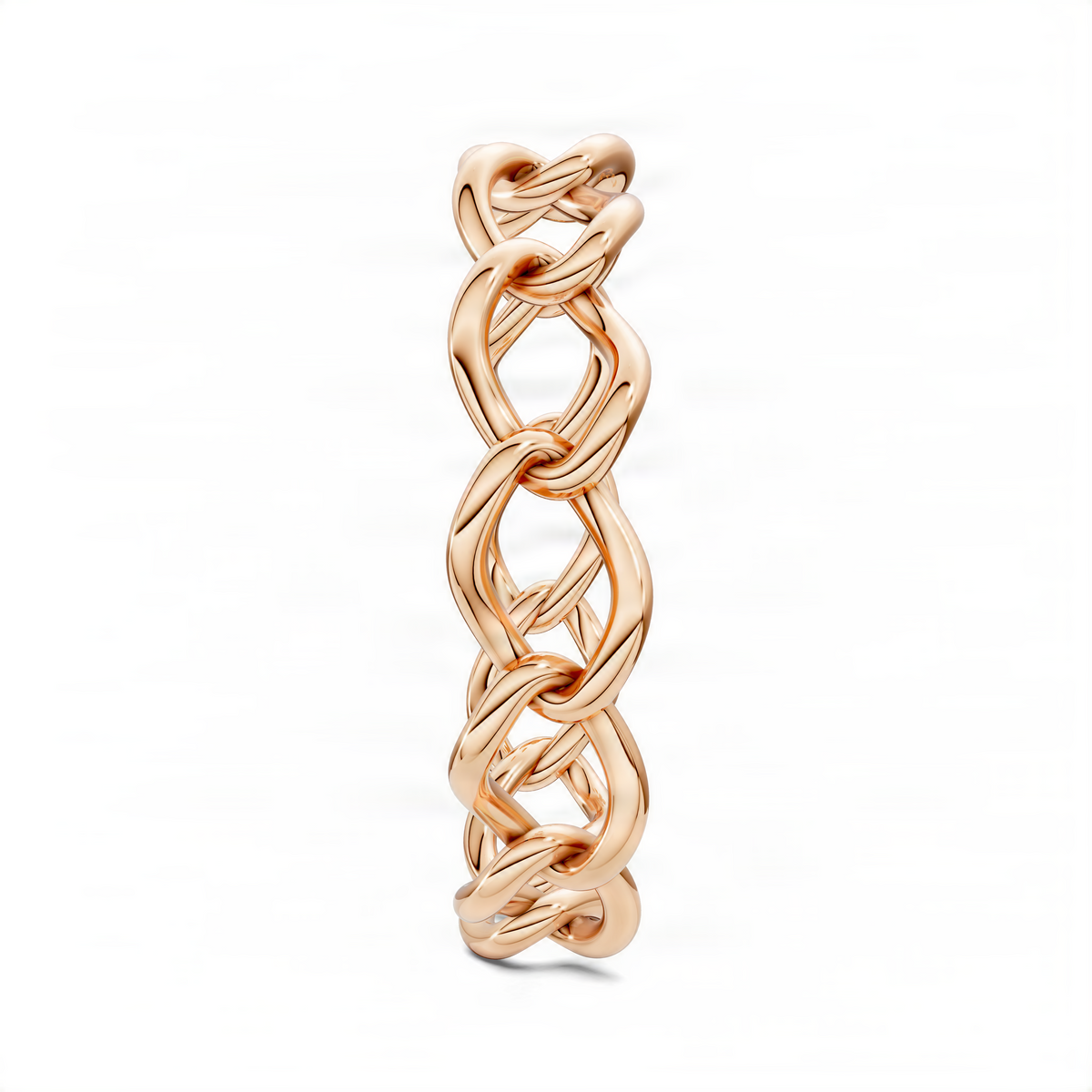 Rose gold chain link ring, side profile with interlocking oval links and sheen.