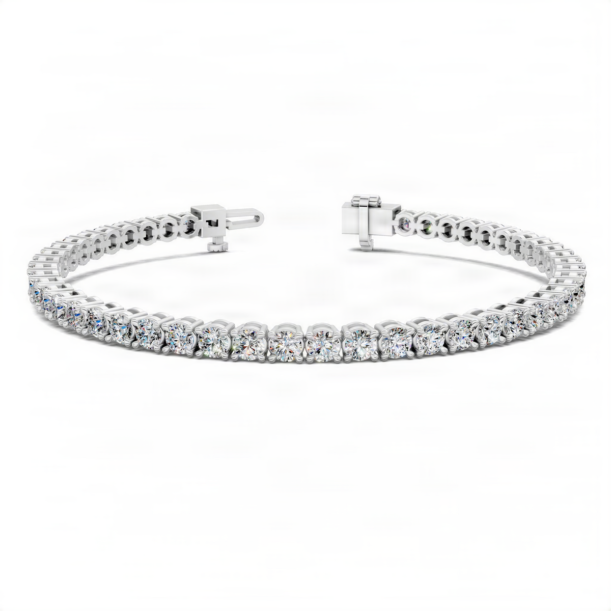 White gold tennis bracelet with round lab diamonds and hinged clasp.