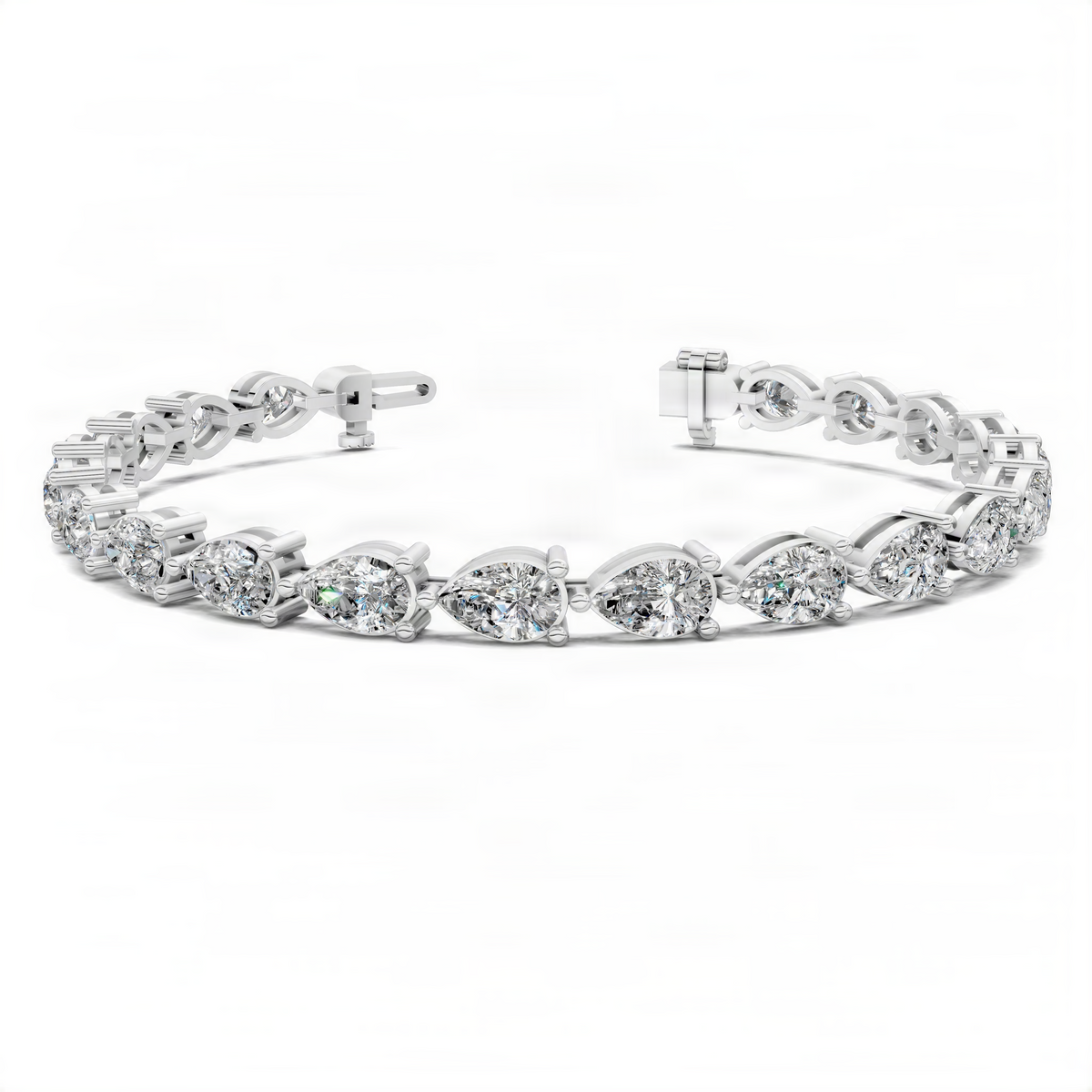 White gold tennis bracelet with round diamond-like stones, clasp and links shown