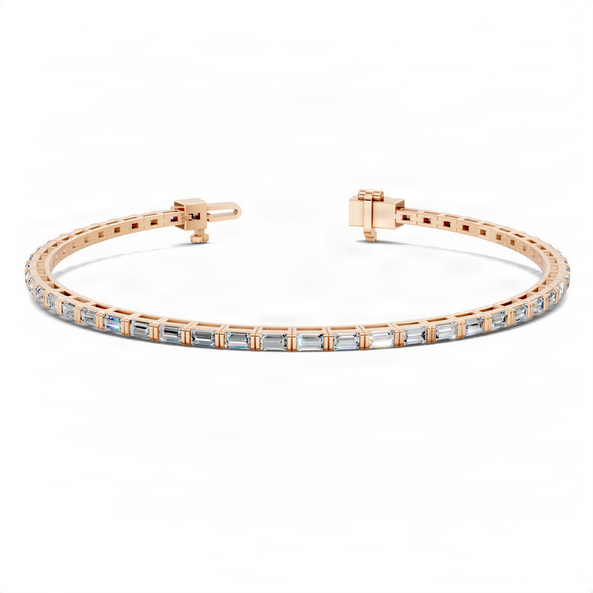 Rose gold tennis bracelet with square clasp and light blue baguette stones
