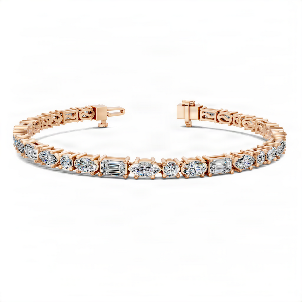 Rose gold tennis bracelet with mixed-shape clear stones and hinge box clasp