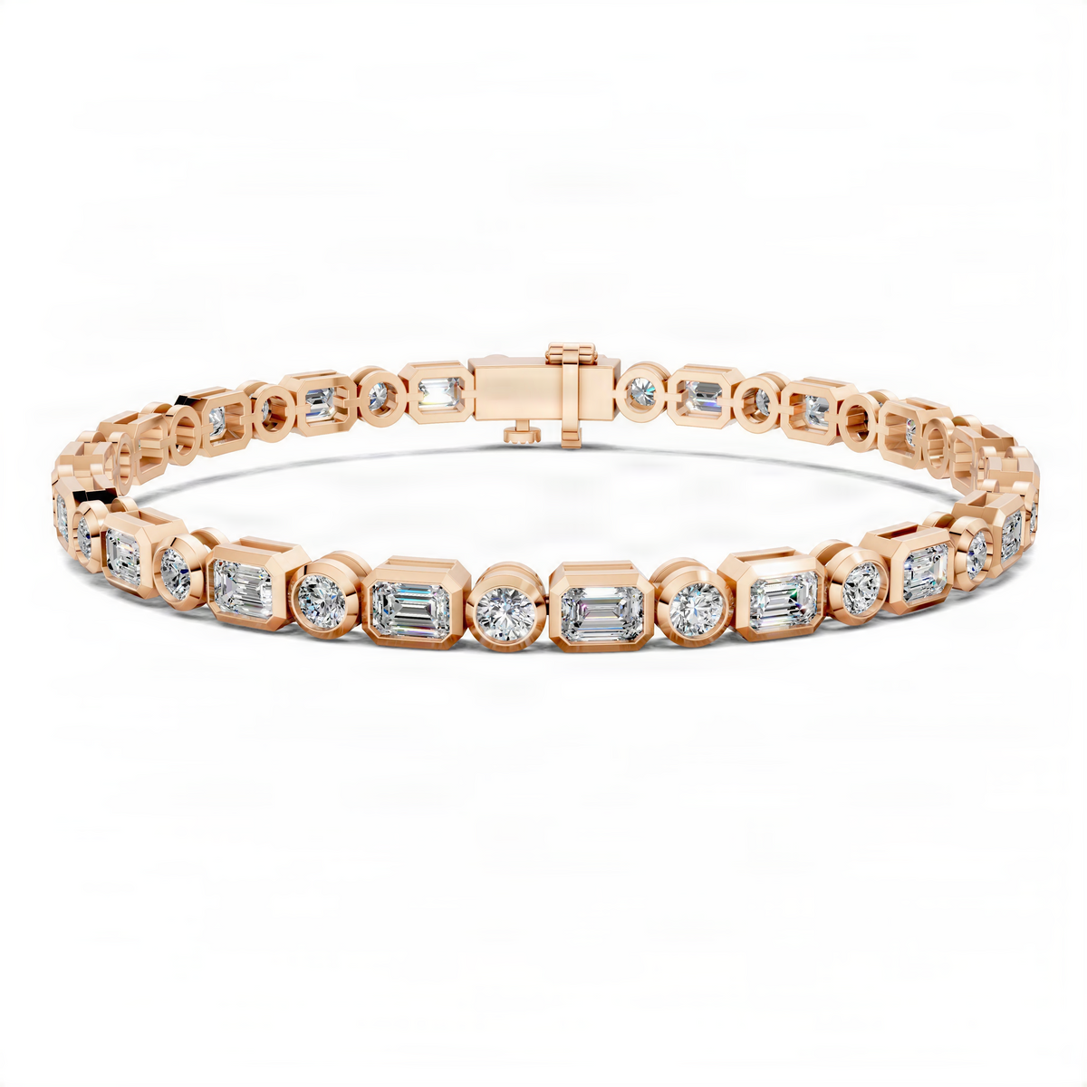 Rose gold tennis bracelet with bezel-set round and rectangular gemstones, full view
