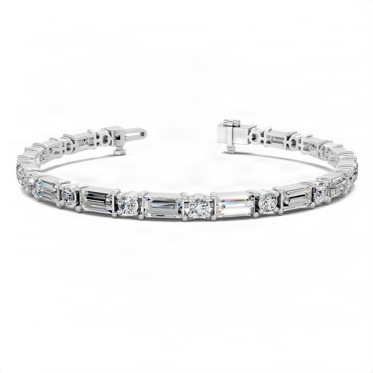 White gold tennis bracelet with baguette and round stones, clasp side view