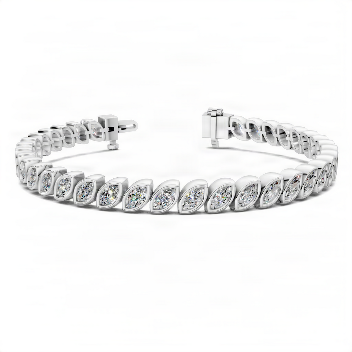14K White gold tennis bracelet with bezel-set oval diamonds and hinged box clasp