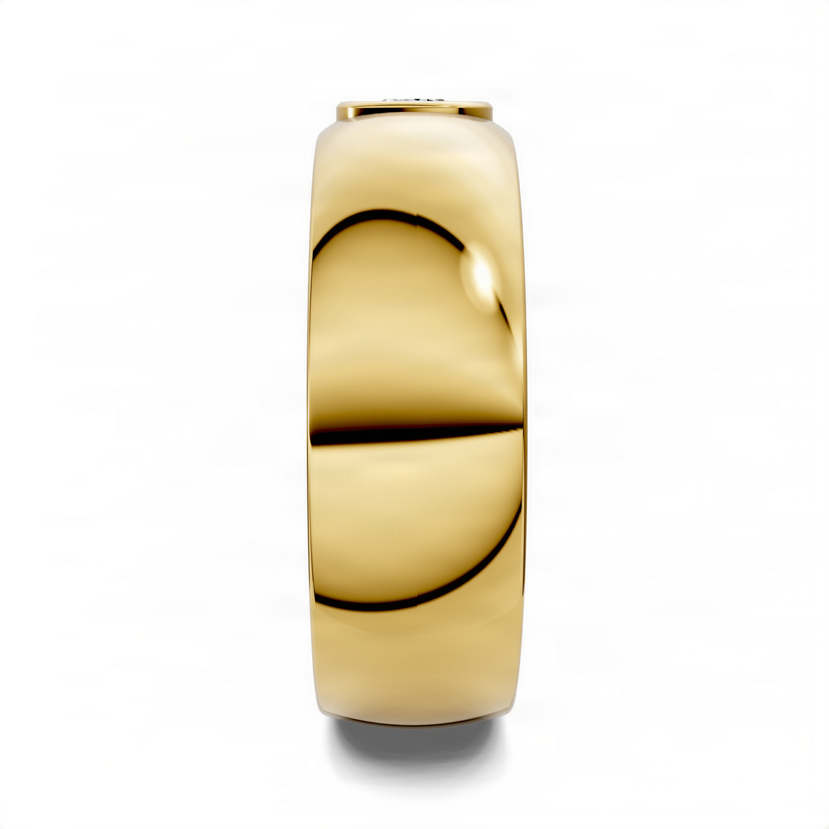 Yellow gold bezel band ring with round diamond bezel, side profile