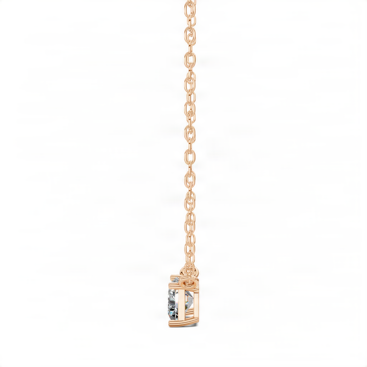 Rose gold solitaire pendant with square clear stone, shown from the side, on chain