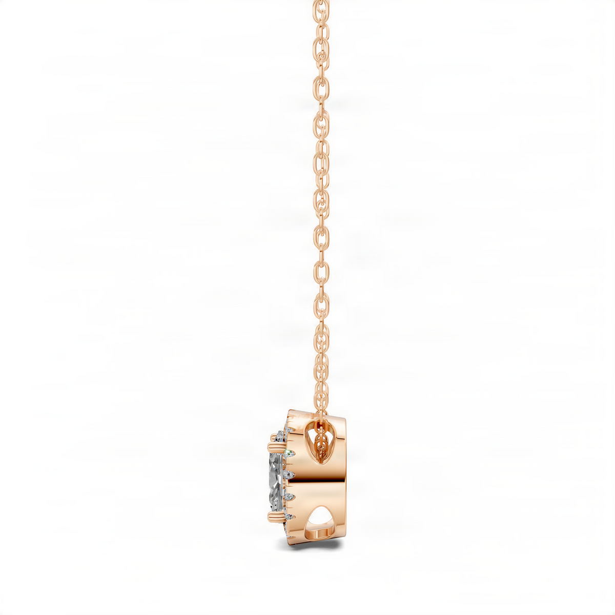 Rose gold cushion diamond pendant, side view on rose link chain