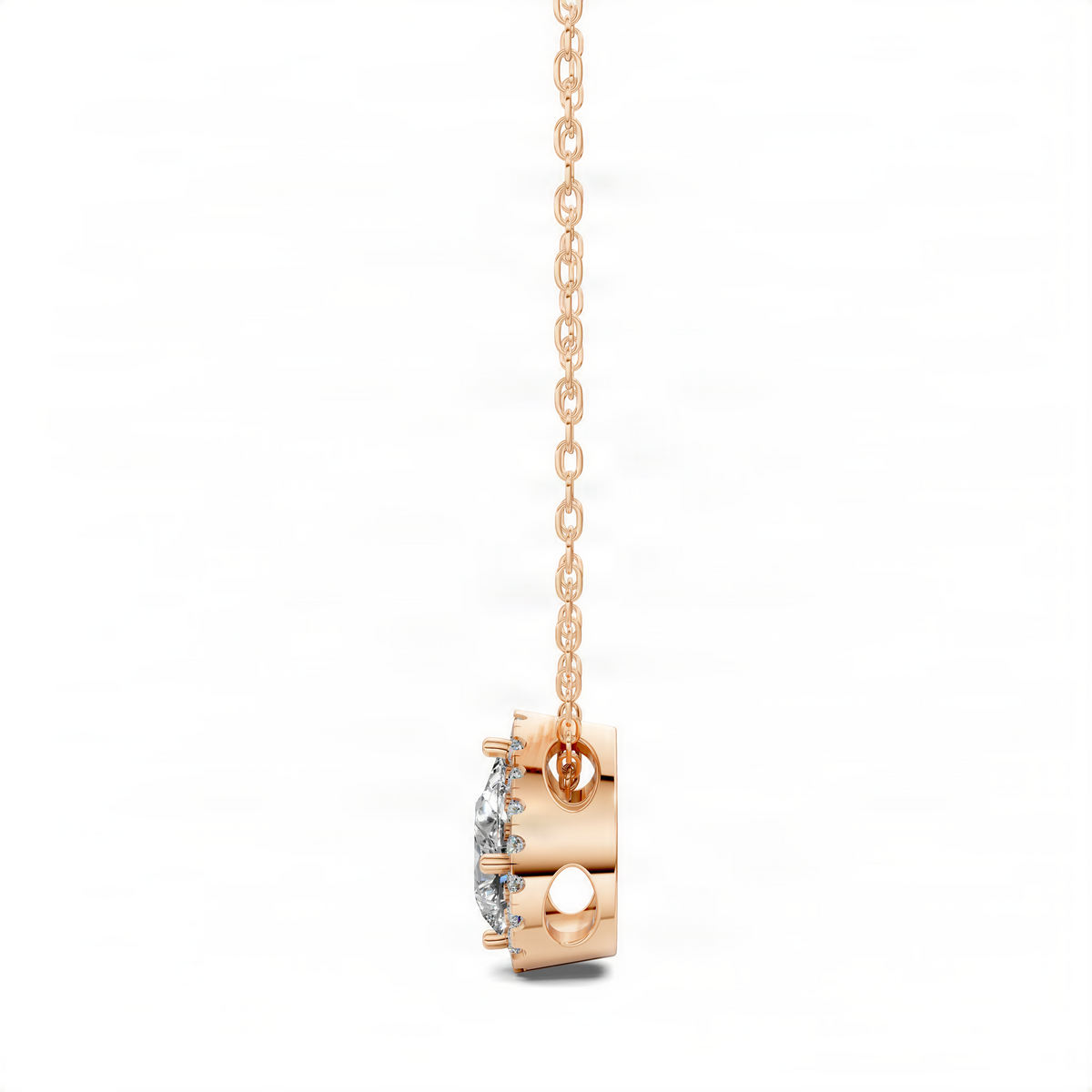 Rose gold diamond pear pendant setting with link chain clasp detail