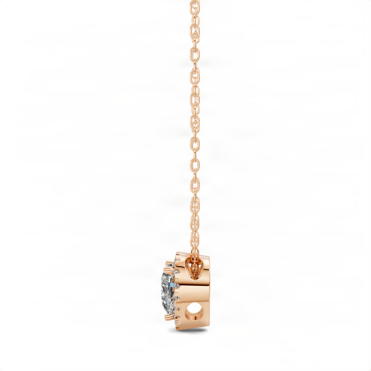 Rose gold diamond heart pendant charm with side stone details on a chain