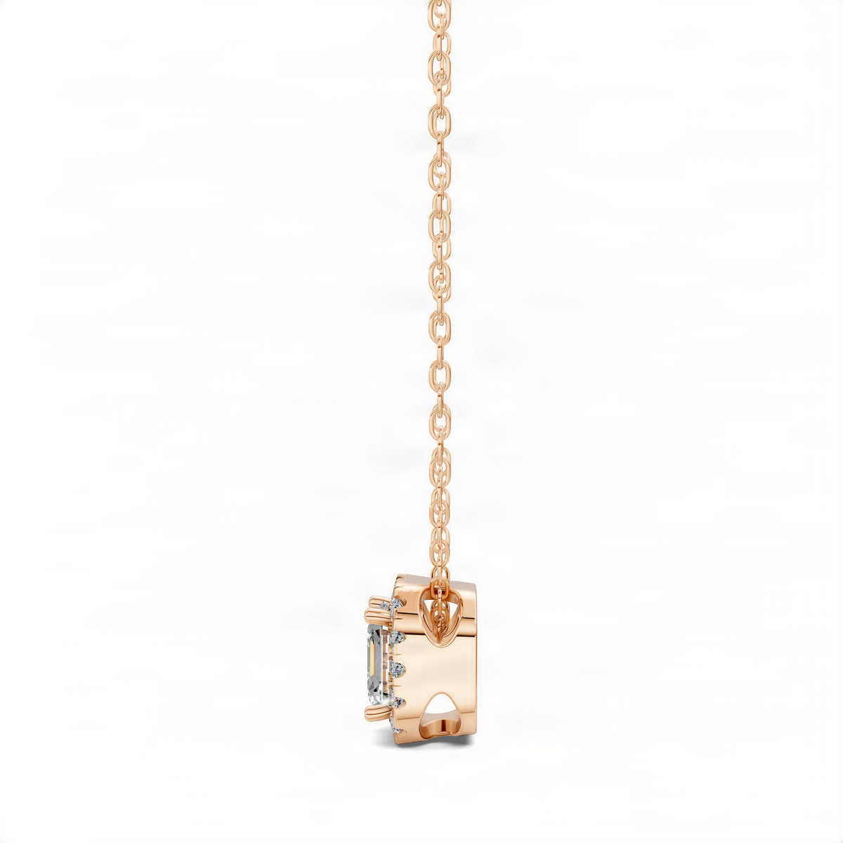 Asscher-cut diamond pendant back detail, rose gold chain