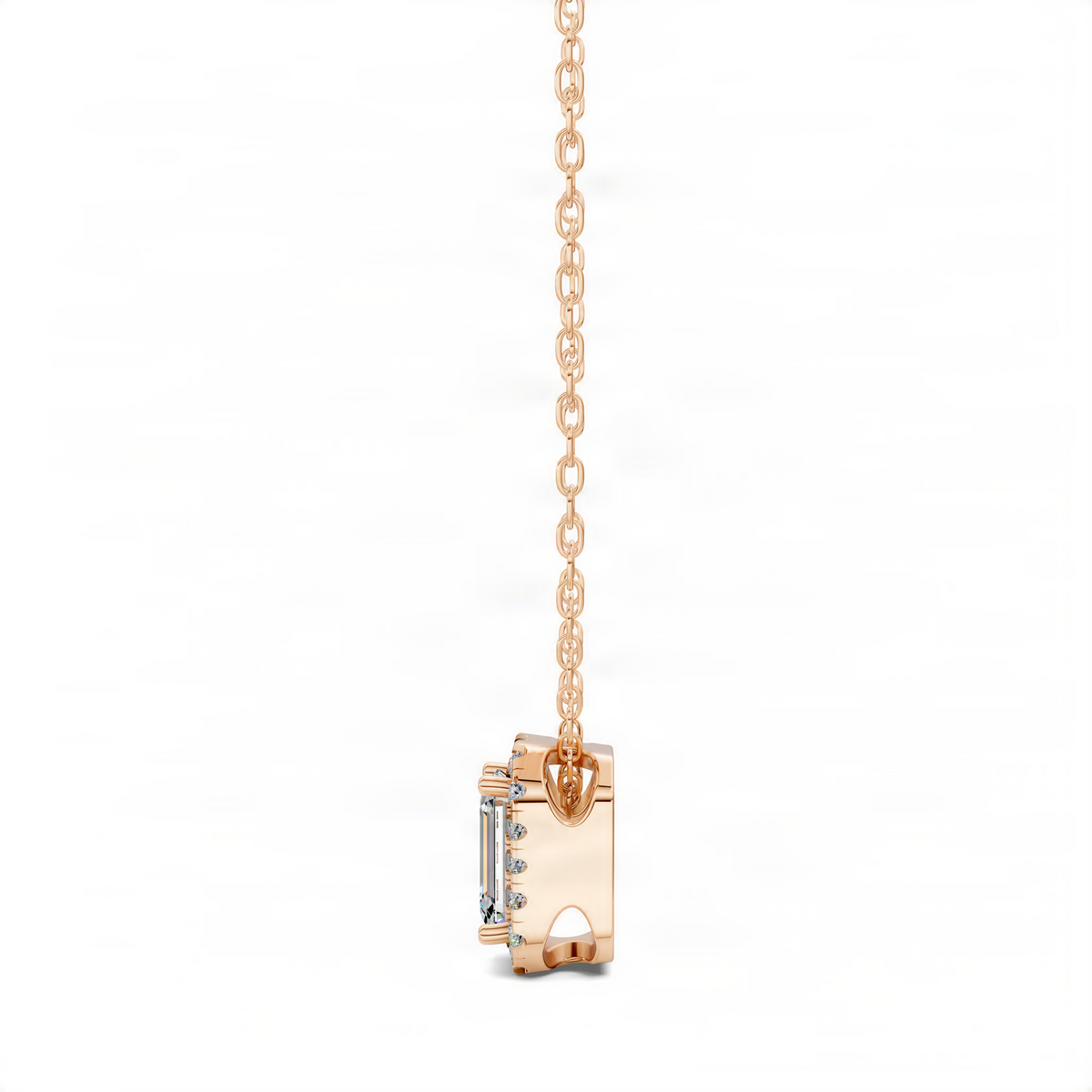 Opes diamond emerald pendant in rose gold, side view of rectangular setting, cable chain