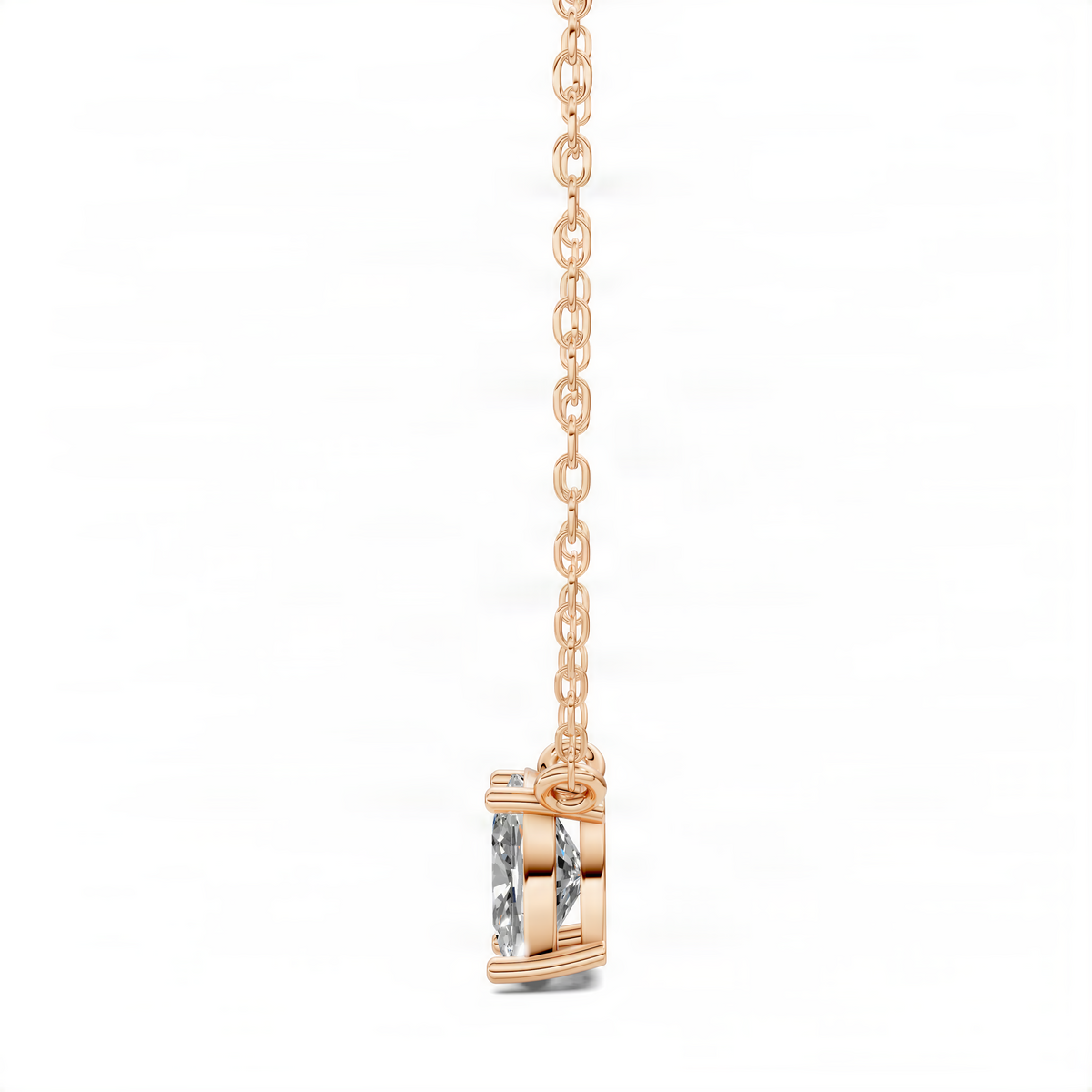 Rose gold cushion diamond pendant side view with prong-set center stone on chain