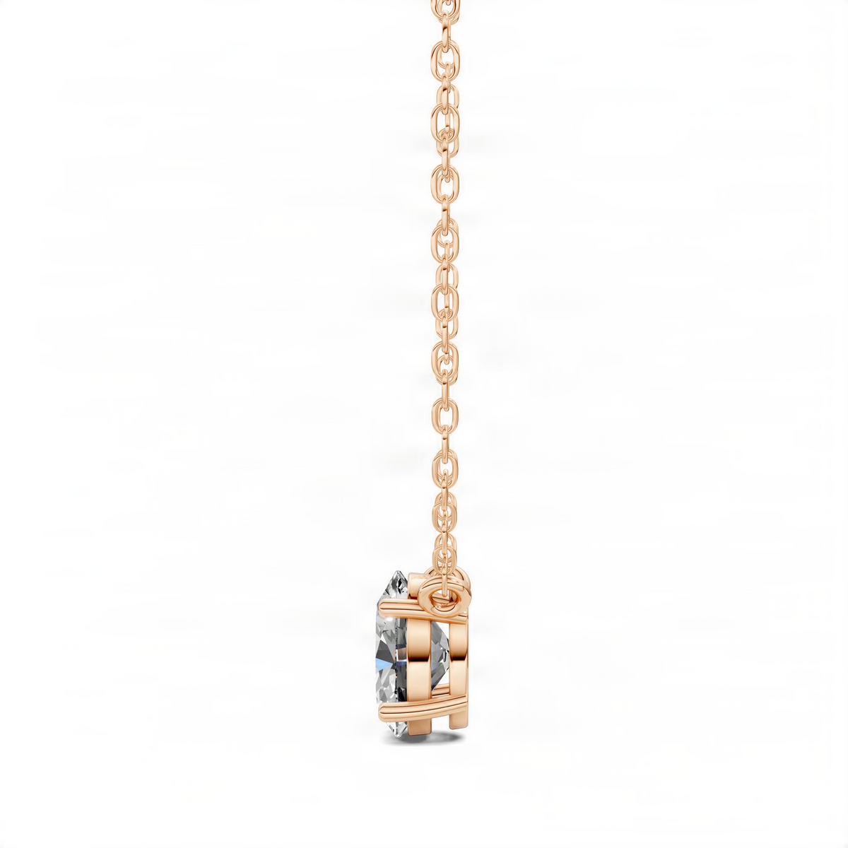 Rose-gold oval diamond pendant in geometric cage setting on rose-gold chain