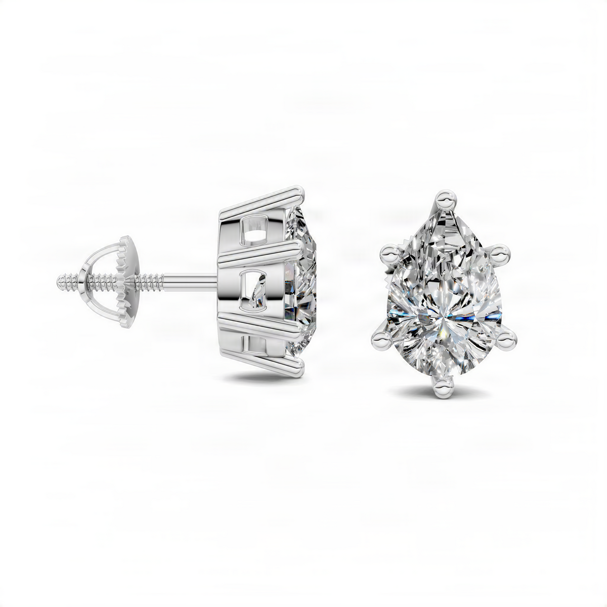 White gold pear-cut diamond basket stud earrings, teardrop stones with basket-style prongs