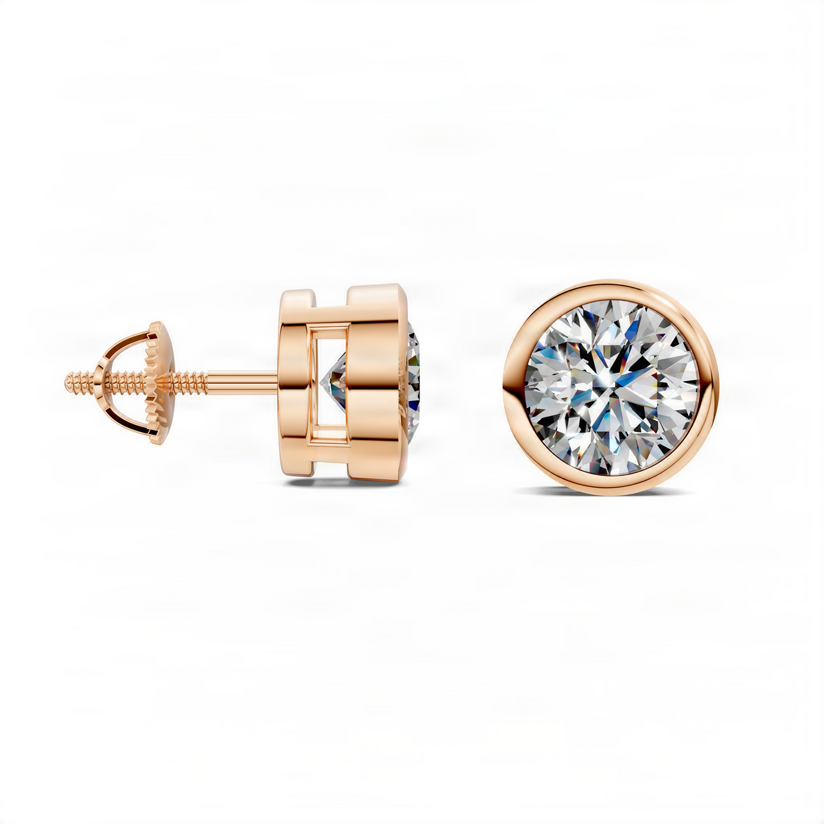 Rose gold round bezel stud earrings with round-cut diamond-look stones