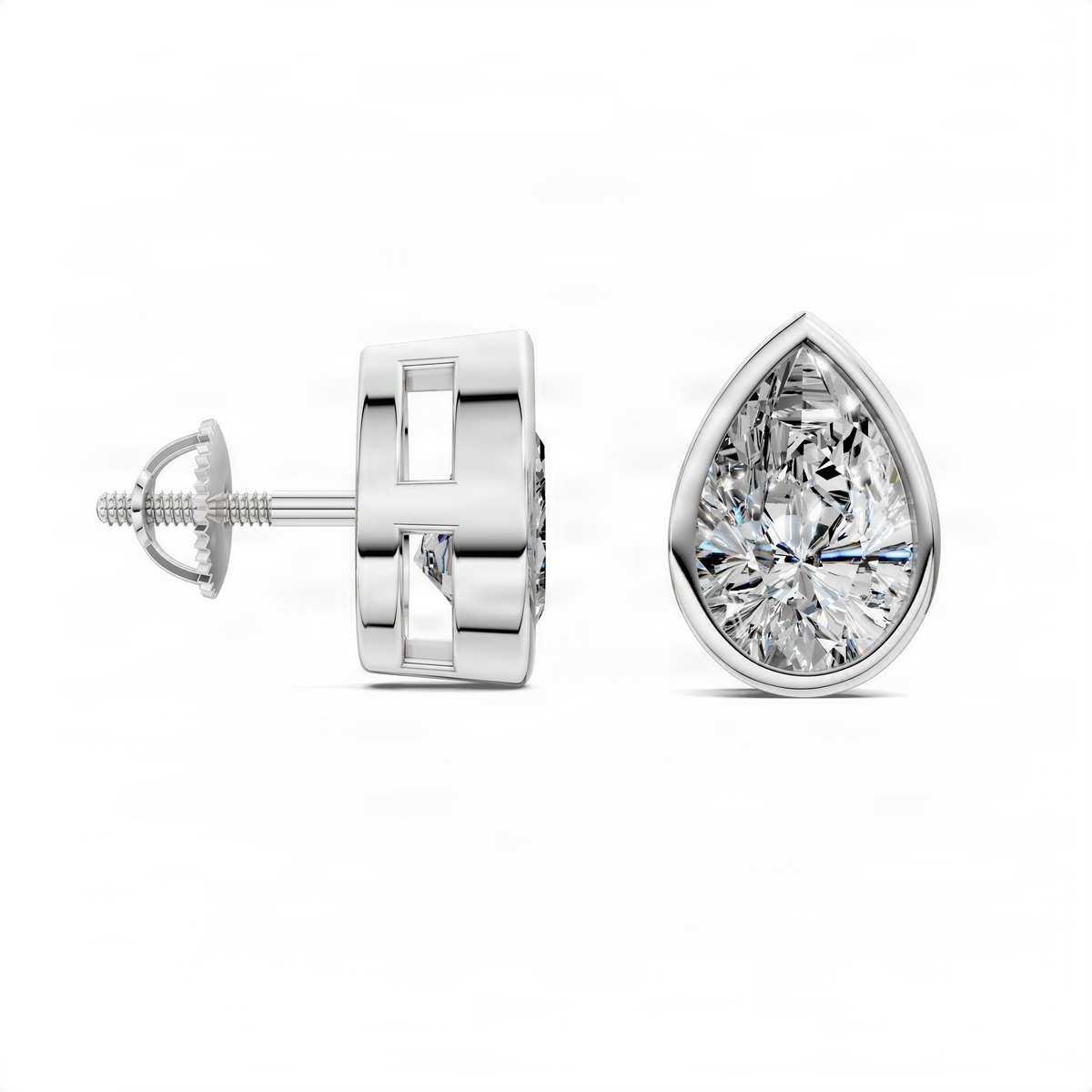 Pear-cut bezel stud earrings in white gold with a clear pear diamond, side view