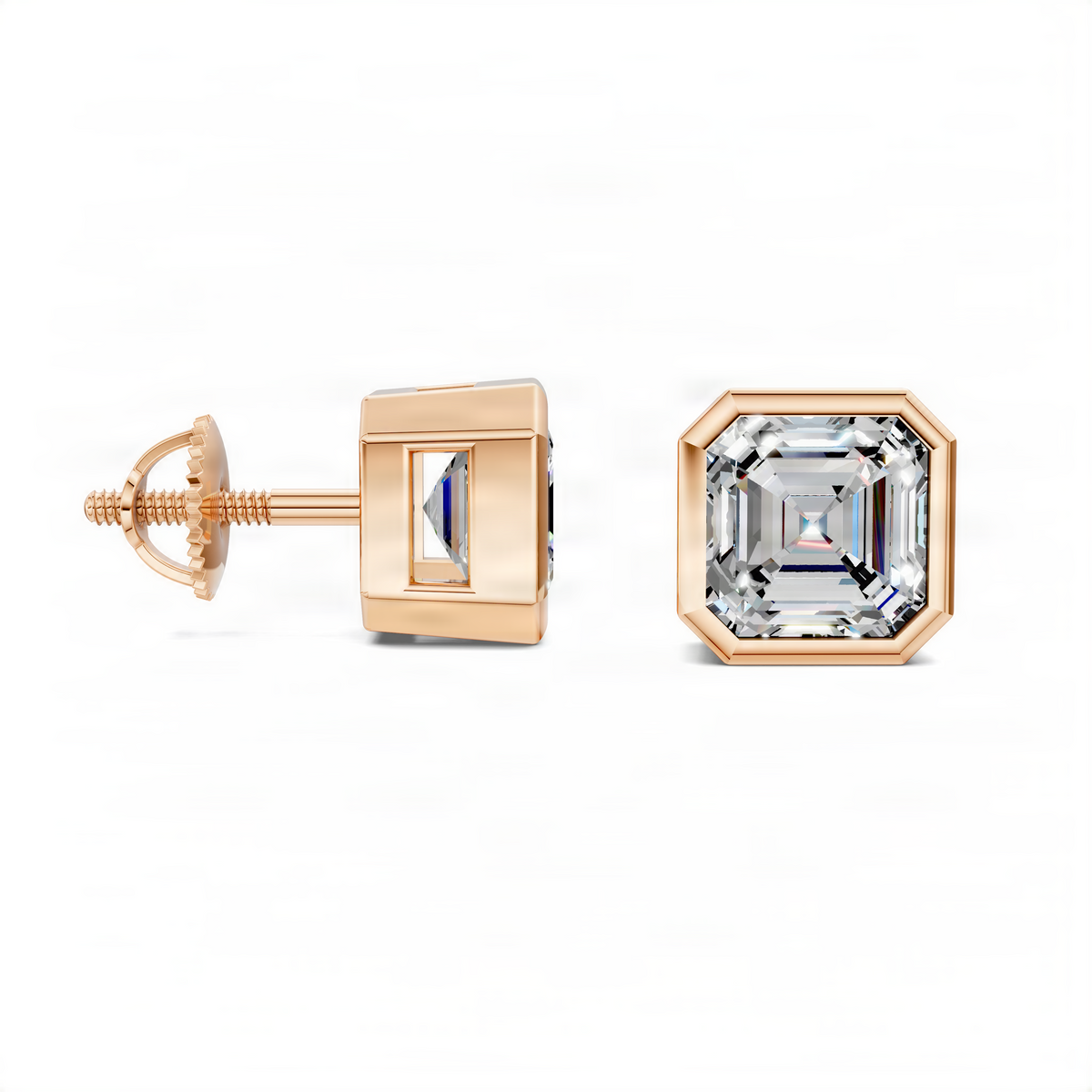 Asscher-cut bezel stud earrings in rose gold, side view of square diamond bezel