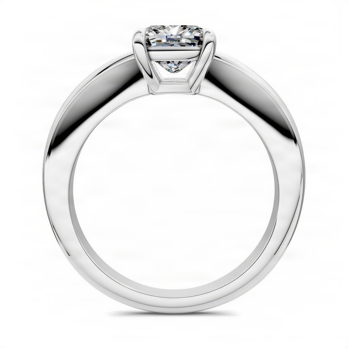 Platinum solitaire ring with round diamond center and four-prong tapered band