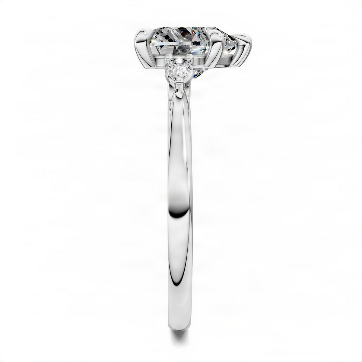 White gold heart three-stone ring with pear center diamond and round side stones