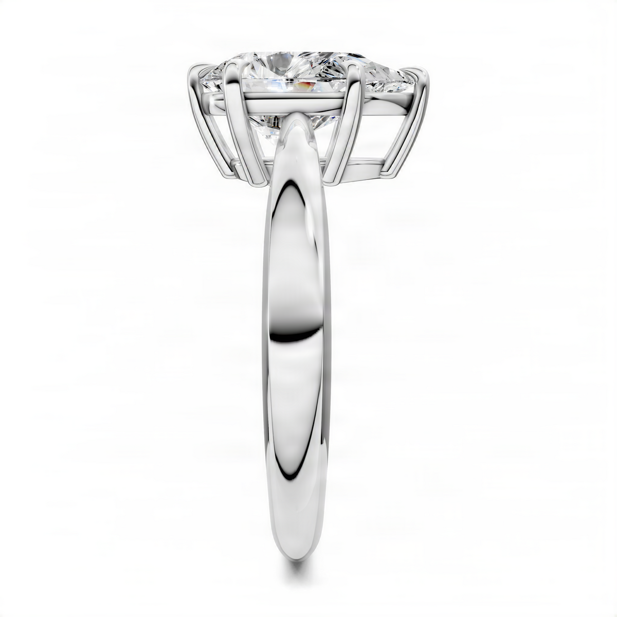 Opes pear tapered solitaire ring in white metal, side view with pear-shaped center stone