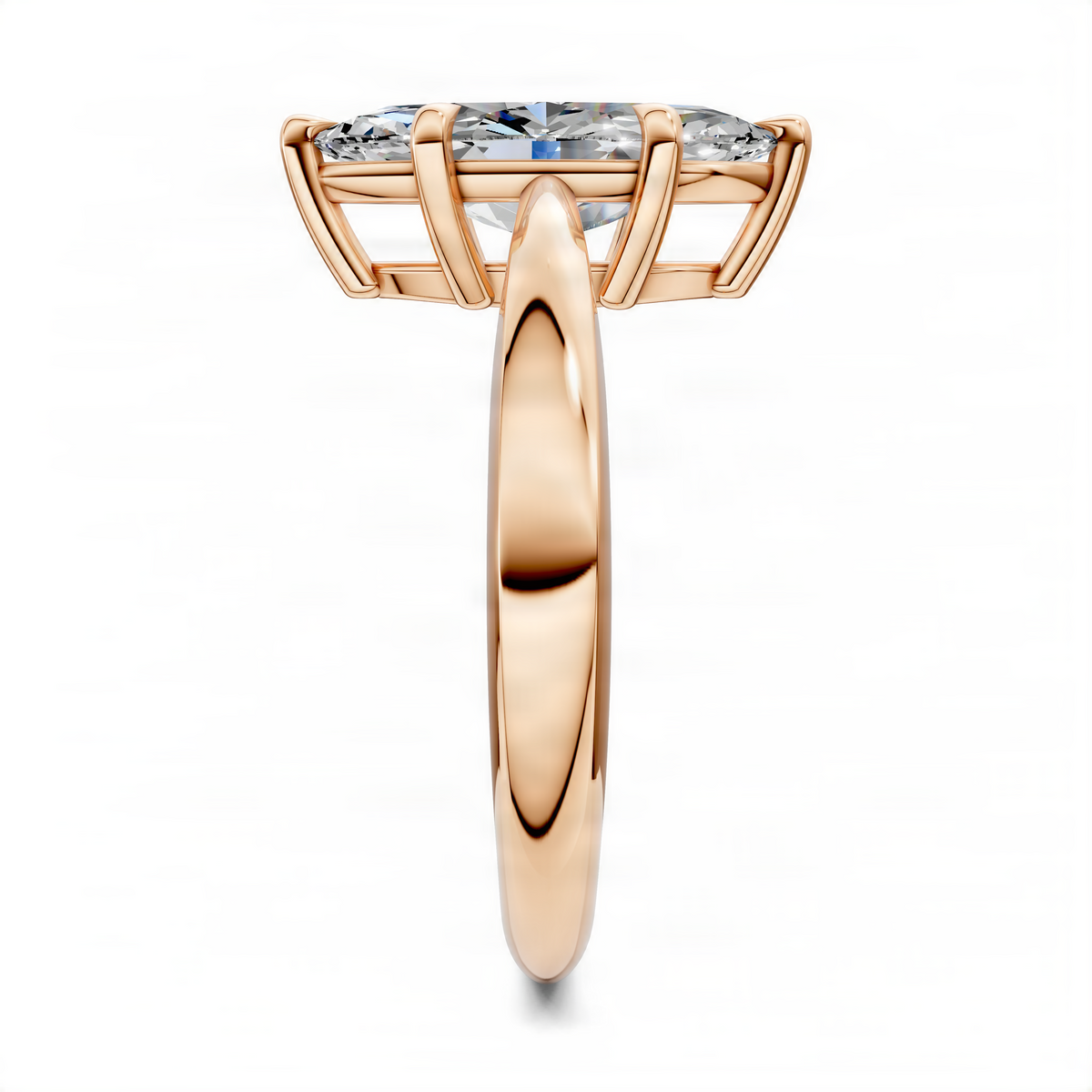 Rose gold marquise solitaire ring with tapered bezel and open lattice shoulders