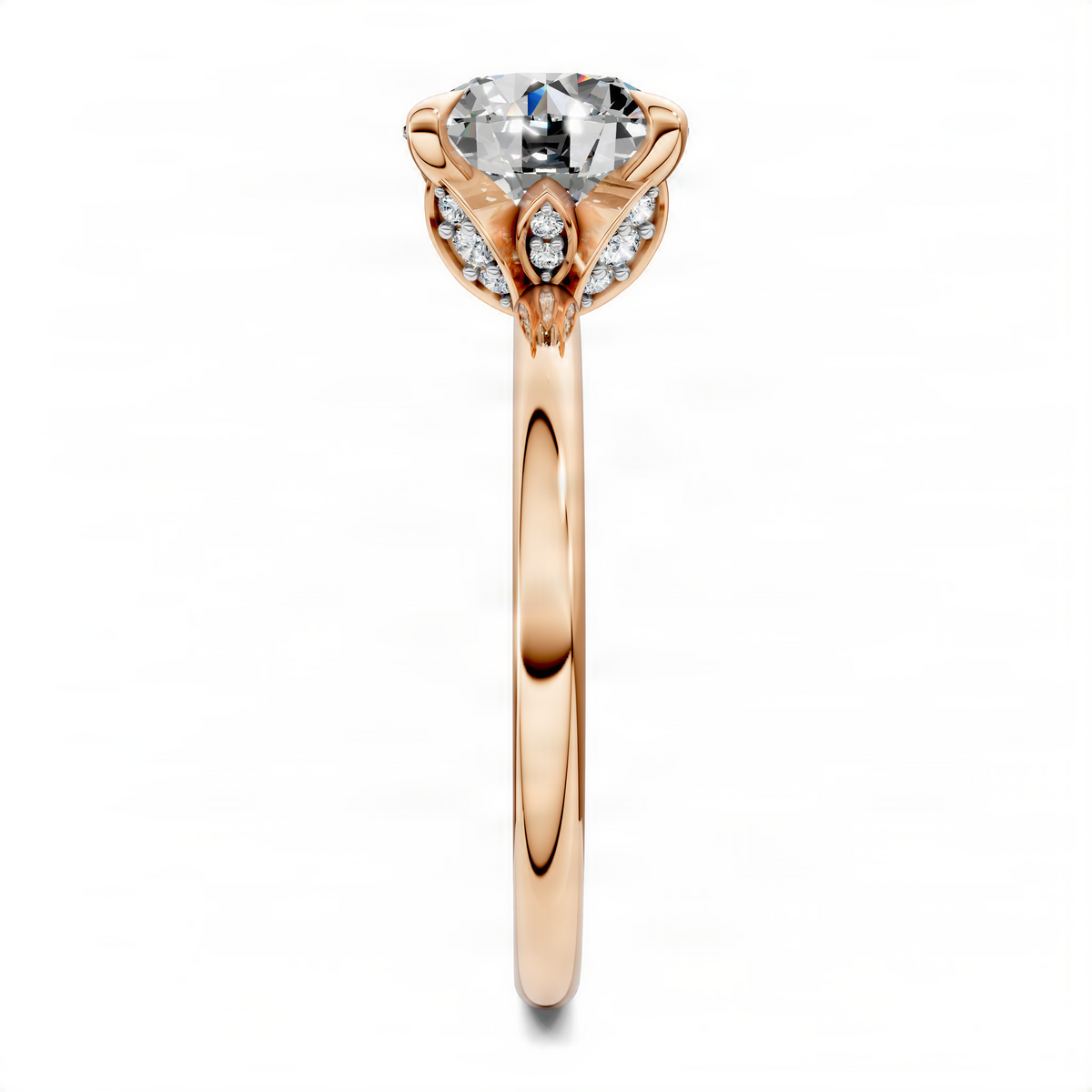 Rose gold round center stone leaf accent ring with small round side stones