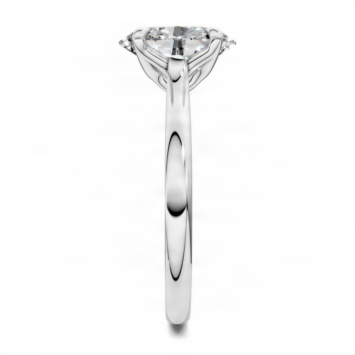 White gold prong-set oval diamond solitaire ring, side profile