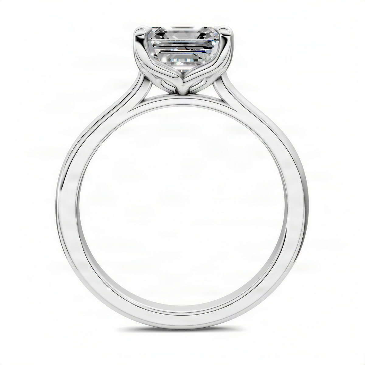 Cathedral solitaire ring with Asscher-cut center stone, white metal setting
