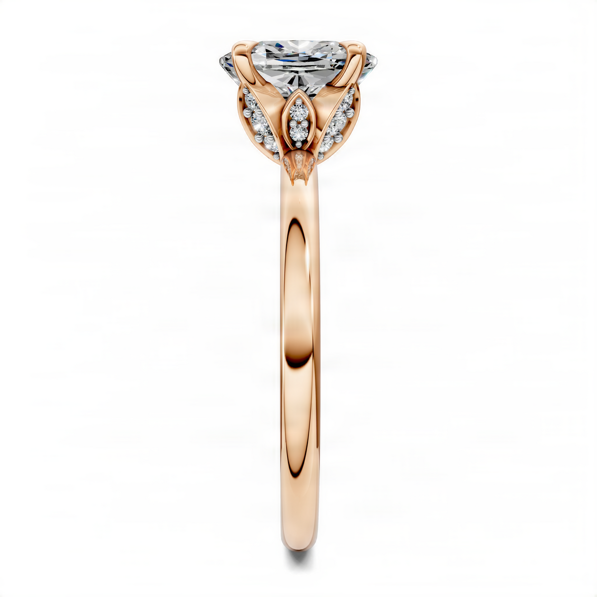 Rose gold cushion-cut diamond ring with leaf accent halo and split band