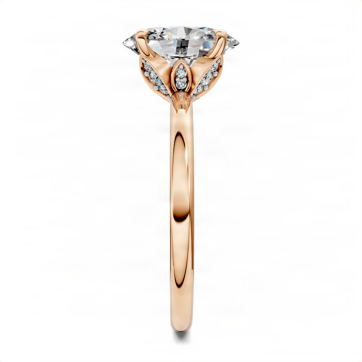Oval-cut diamond ring with leaf accents and side stones on a rose-gold band