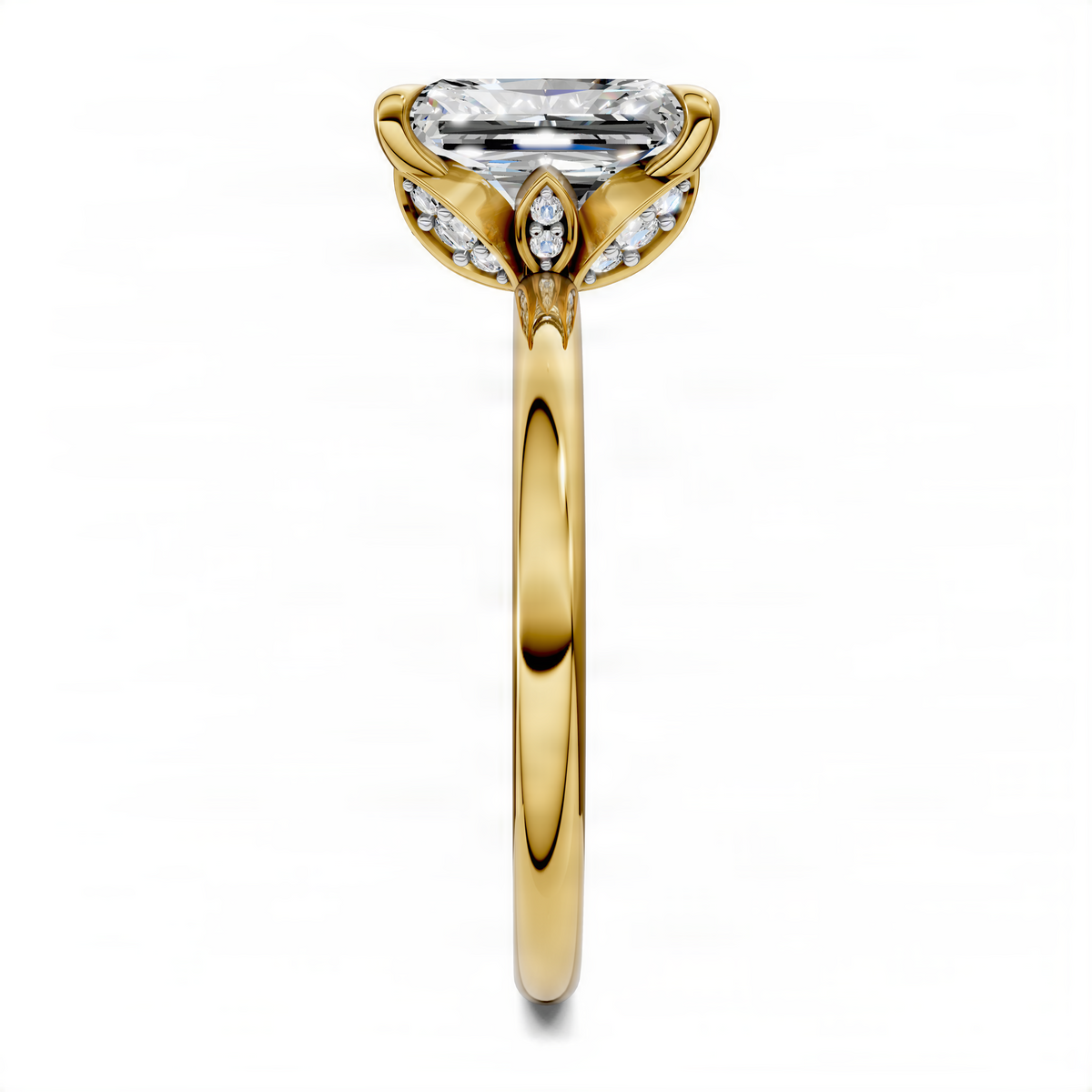 Yellow gold leaf-accent engagement ring with square center stone and diamond side accents