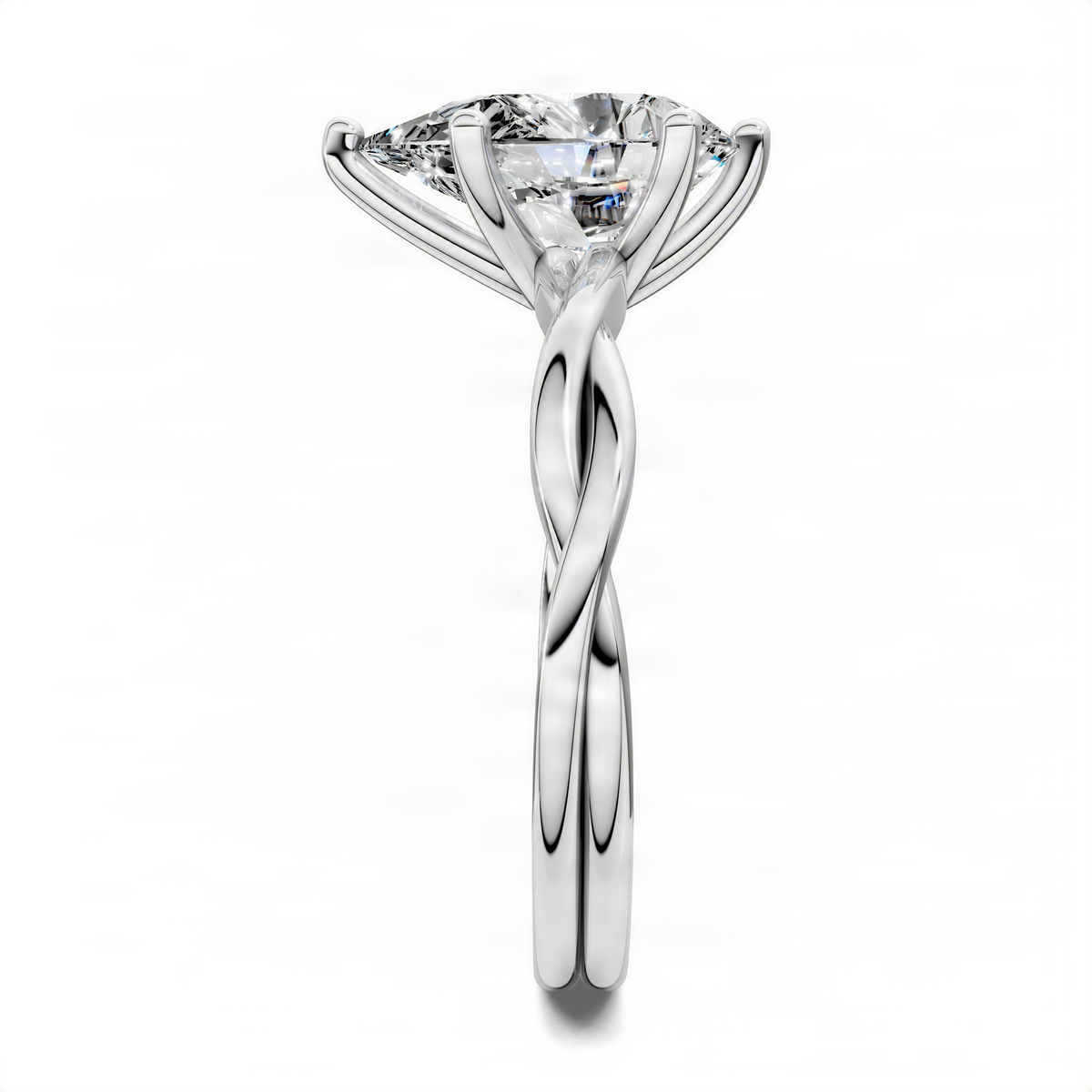White gold twisted vine solitaire ring with pear-cut center gemstone and twisted prong setting
