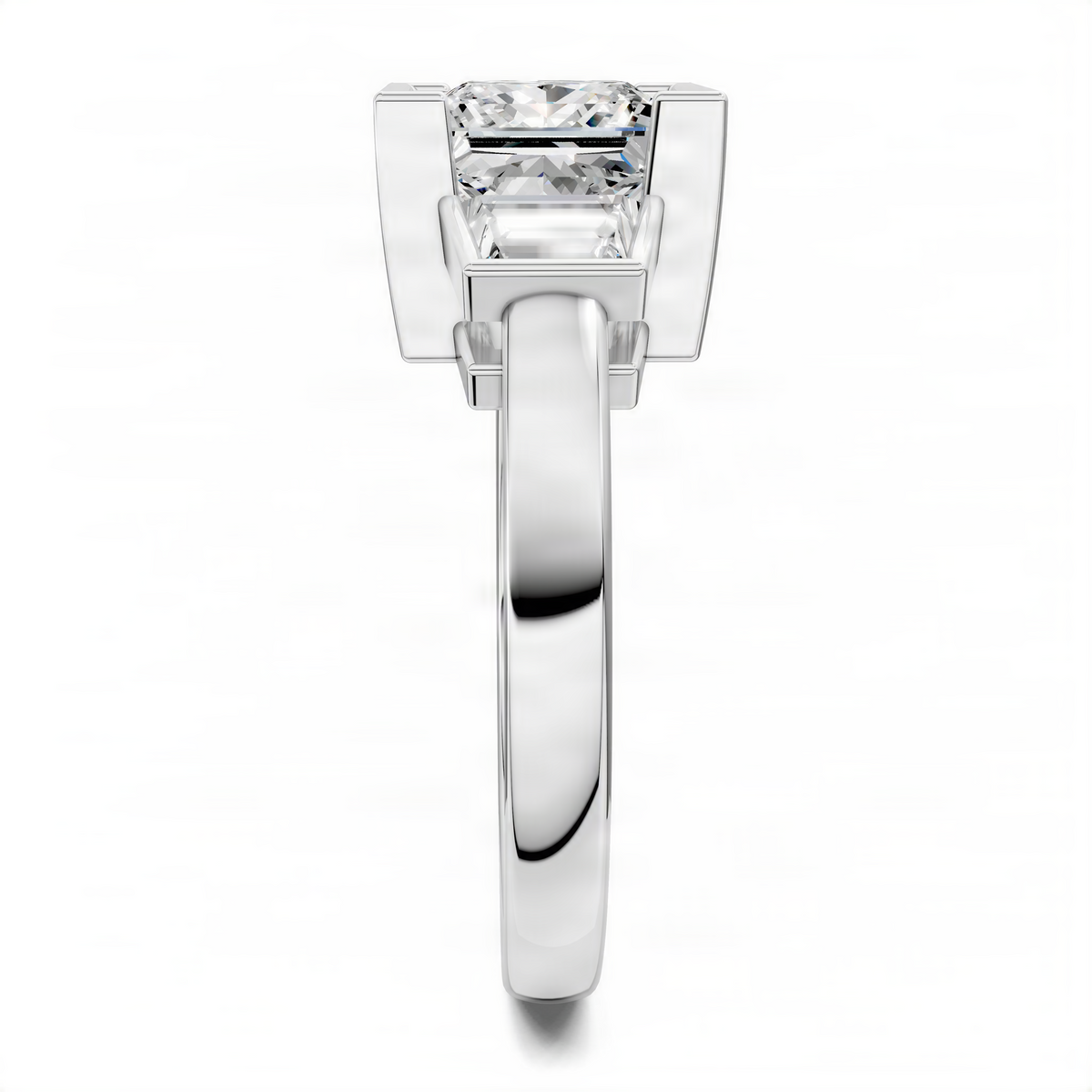 Platinum bezel three-stone ring with princess-cut center stone and side stones