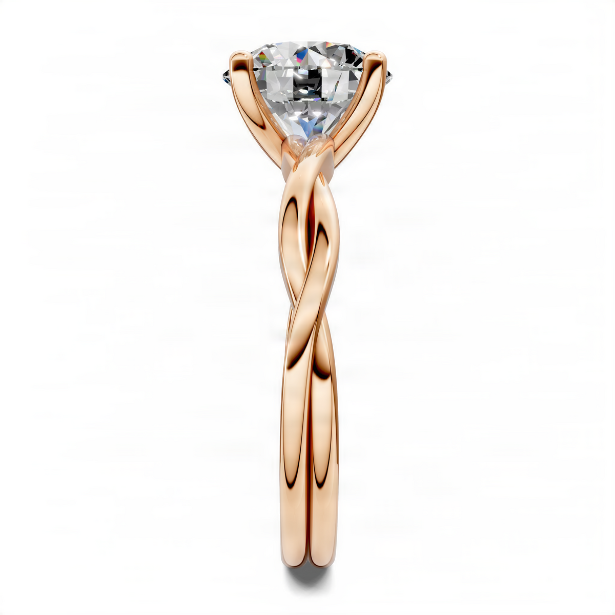 Rose gold round solitaire ring with twisted vine band and round center stone
