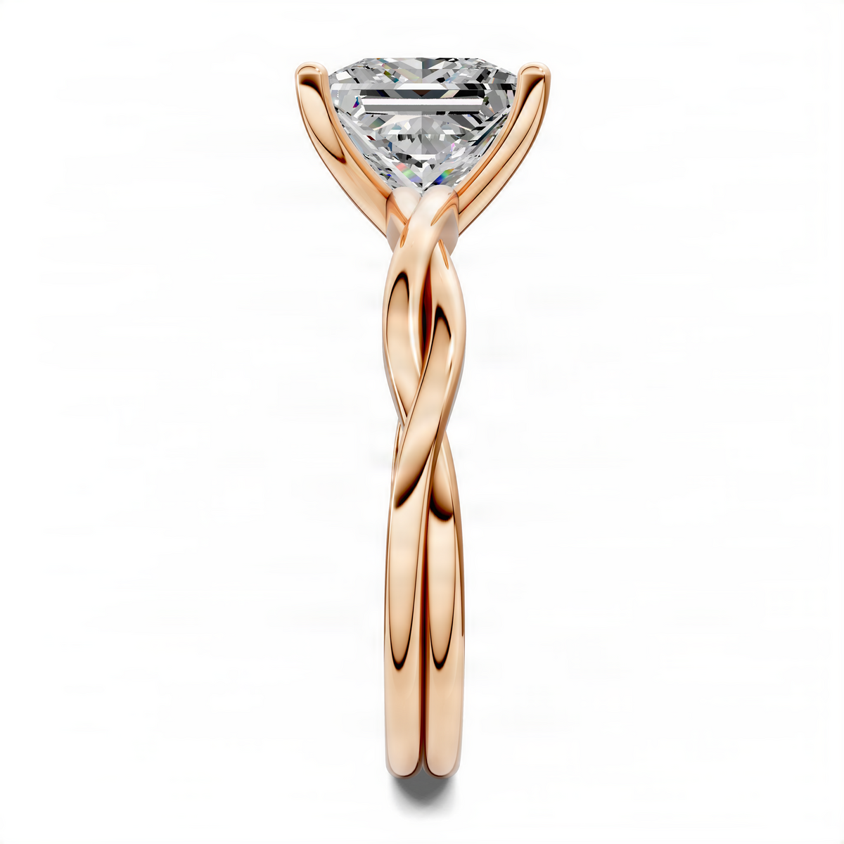 Rose gold twisted vine solitaire ring with square center stone and twisted band profile
