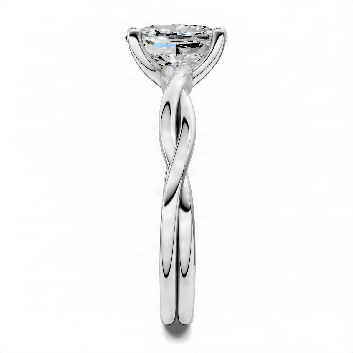 White metal cushion solitaire ring with twisted band and prong-set round center stone
