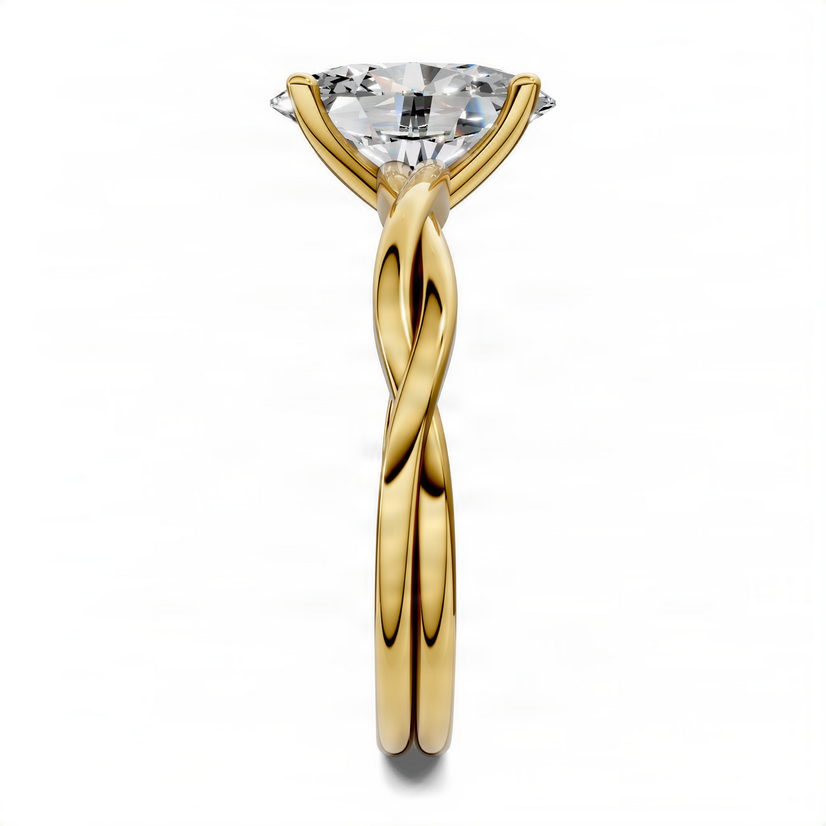 Yellow gold oval solitaire ring with twisted vine split shank and prong-set center stone
