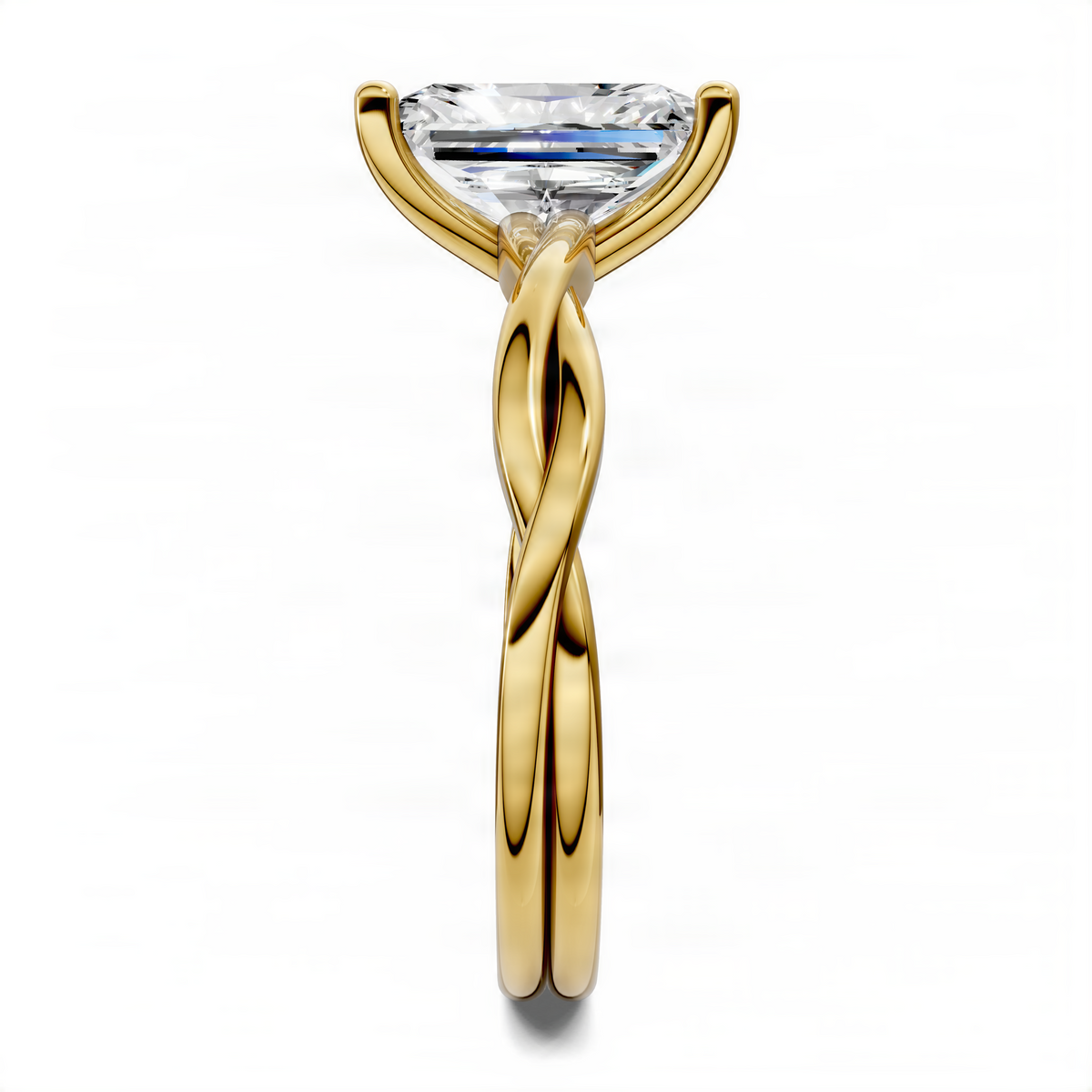Yellow gold twisted vine solitaire ring side view with radiant-cut center stone